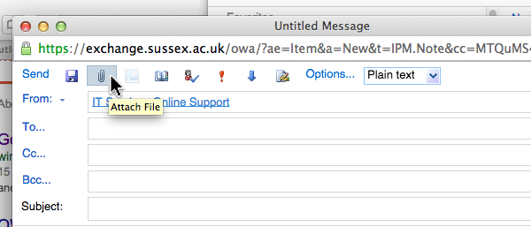 screenshot showing a mouse cursor hovering over the attach file icon in OWA