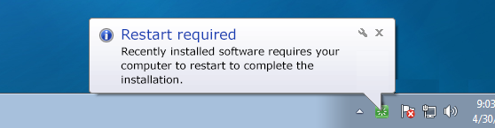 Notification on windows desktop showing a restart is required