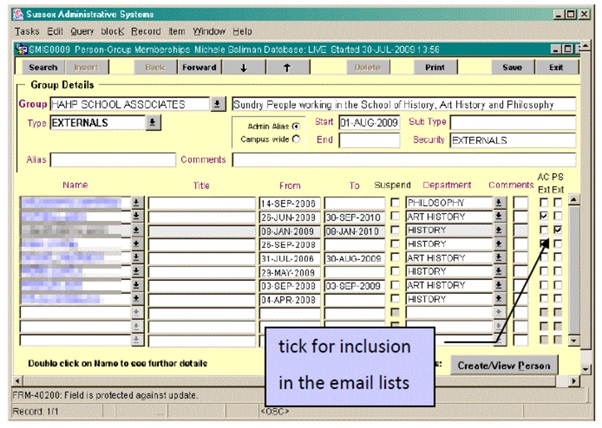 Image of CMS table for adding users to a mailing list
