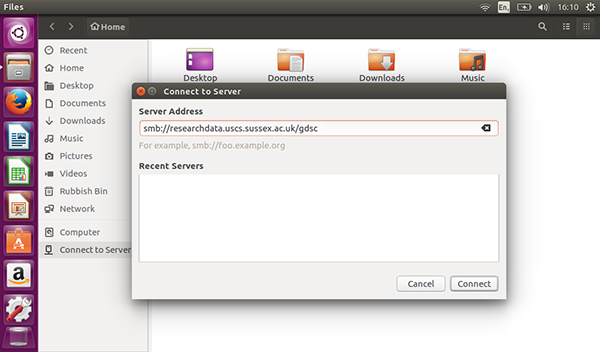Screenshot showing connection window on Ubuntu