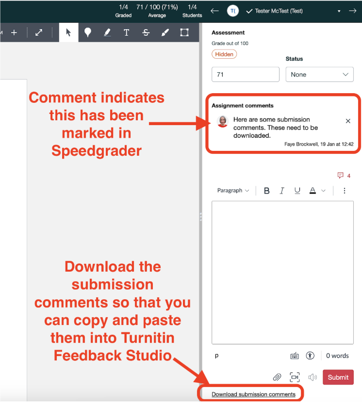 Canvas Speedgrader showing where to see comments.