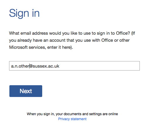 Office 365 signin screen