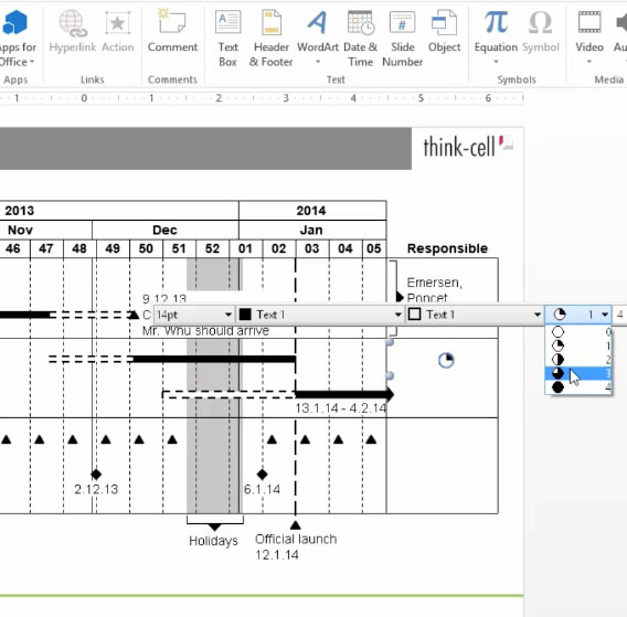 Screenshot of gantt chart in Excel with think-cell