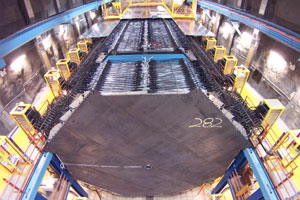 An overhead view of the giant plates that make up the neutrino detector in the Soudan mine, Minnesota