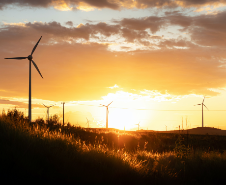 Sunrise coming over a windfarm