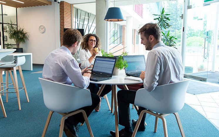 a group of people have a meeting with laptops around a table, in an office space.