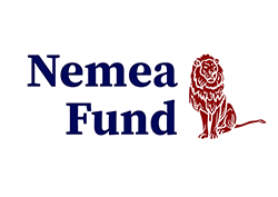 Nemea Fund new logo Nov 2023, dark blue letters next to the image of a red lion facing the viewer sitting down