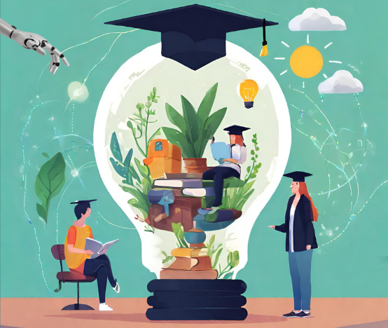 Abstract image of a lightbulb with a graduation cap on top and students studying inside