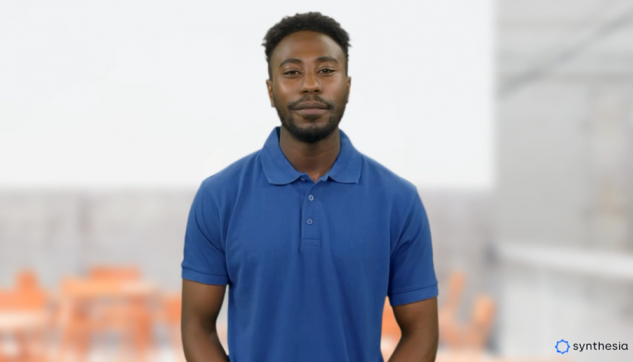 AI generated person standing centre frame wearing a blue polo top