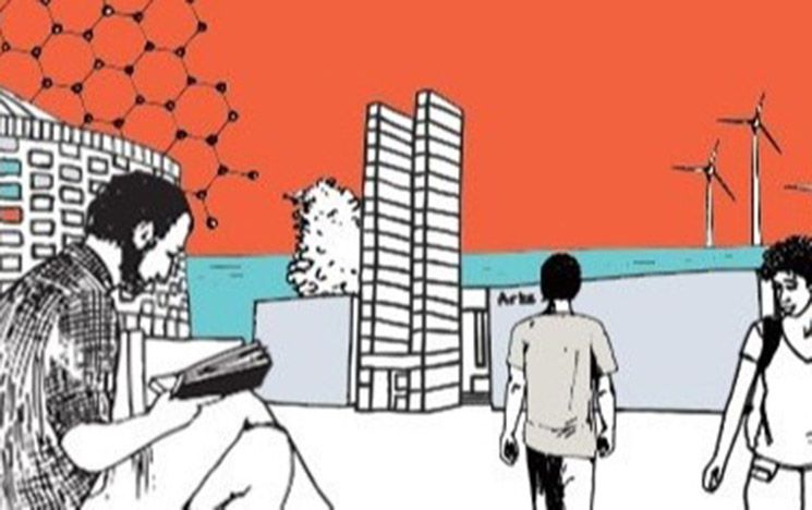 Sussex Connect animation image, orange sky with a sketch of the Meeting House building in the foreground and students, one is sitting and reading, the other two are walking. There are wind turbines in the background on a blue hill