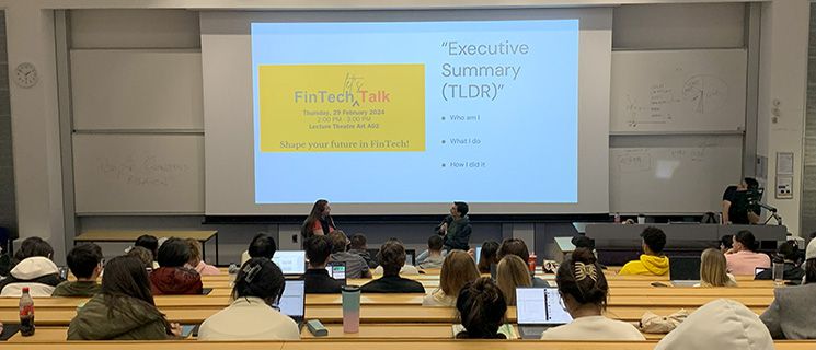 Students watching a FinTech Let's Talk event in a lecture theatre