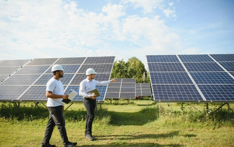 Workers near solar panels