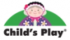 the logo for the company Child's Play. A friendly cartoon figure with grey hair and flowers in their hair against a green background  - with the words Child's Play underneath