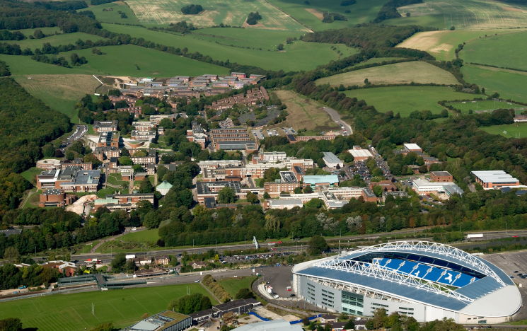 an aerial view of the AMEX stadium and campus