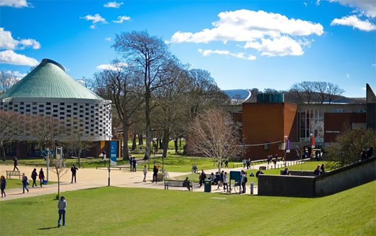 Library square with meeting house in the background on a sunny day.