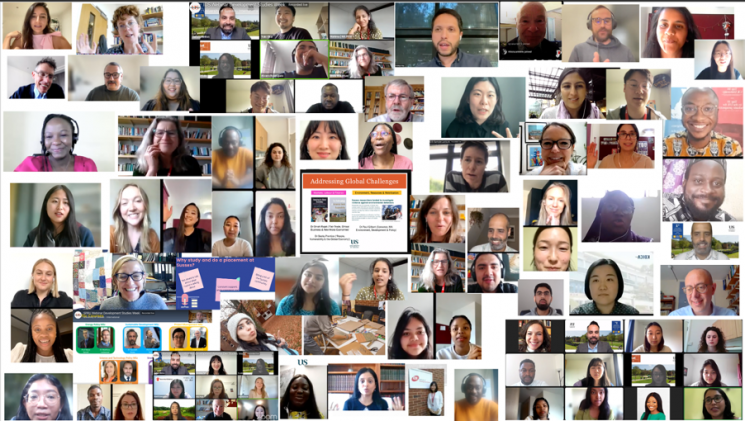 A collage of people in various online webinars, facing their computers and chatting with staff and students