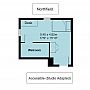 Illustration of Northfield accessible bedroom floorplan, which is 5.40 metres by 4.82 metres (or 17 foot 9 inches by 15 foot 10 inches)