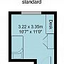 East Slope standard room floorplan, which is 3.22 metres by 3.35 metres (or 10 foot 7 inches by 11 foot)