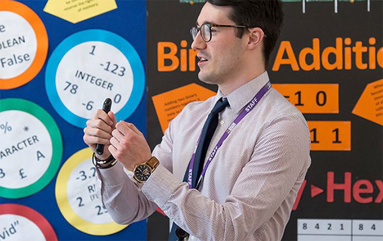 Teacher at front of class with maths topics on board in background