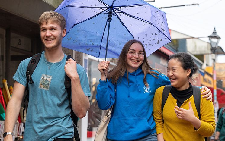 Three people under an umbrella