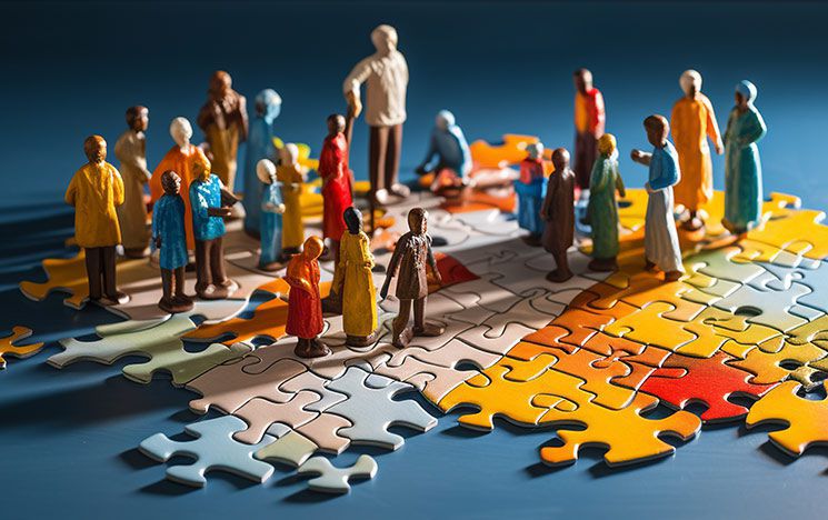 Model people standing on a world puzzle
