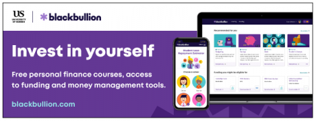 Image with Sussex logo in top left and Blackbullion logo. Underneath is a purple rectangle with heading "Invest in Yourself" and text "Free personal finance courses, access to funding and money management tools. Blackbullion.com". To the right there is an image of a Smartphone and a tablet displaying Blackbullion.com website.