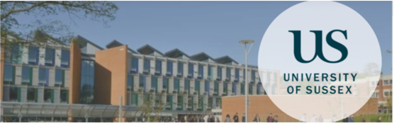 A photo of a campus teaching building with lots of windows against a blue sky. A circle on the right of the image contains the University of Sussex logo