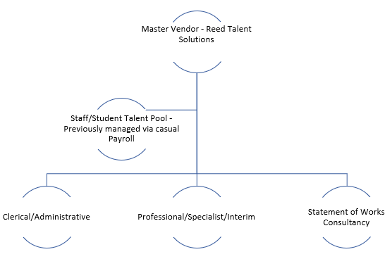 diagram depicting which groups of staff the service covers: clerical, consultants, professional, those previously managed via casual payroll