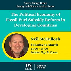 Poster of Neil McCulloch's Energy & Climate Seminar, with title and dates.