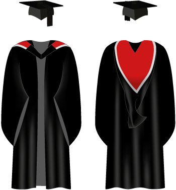 A black University of Sussex graduation gown with red on the hood and light grey trim