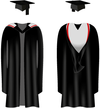 A black University of Sussex graduation gown with light grey on the hood and red trim