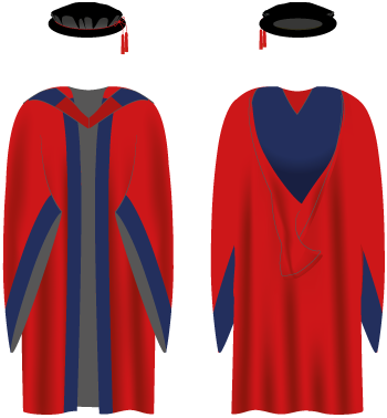 A red University of Sussex graduation gown with purple on the hood and purple trim on the sleeves and front.