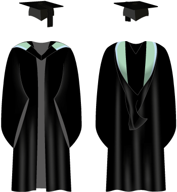 A black Brighton and Sussex Medical School graduation gown with light green on the hood and light turquoise trim