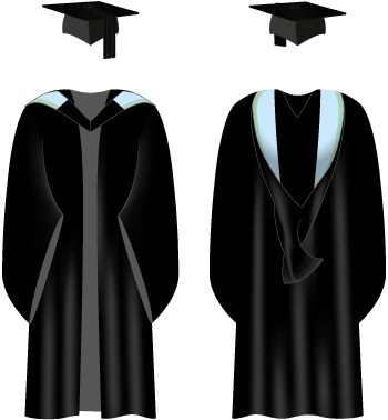 A black Brighton and Sussex Medical School graduation gown with light turquoise on the hood and light green trim