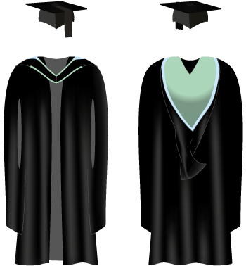 A black Brighton and Sussex Medical School graduation gown with light green on the hood and light turquoise trim. Light green trim on front.