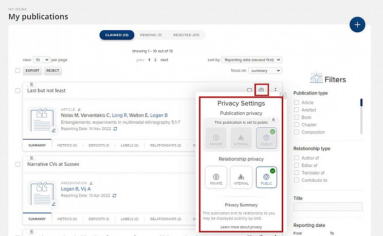 Elements edit publication privacy settings