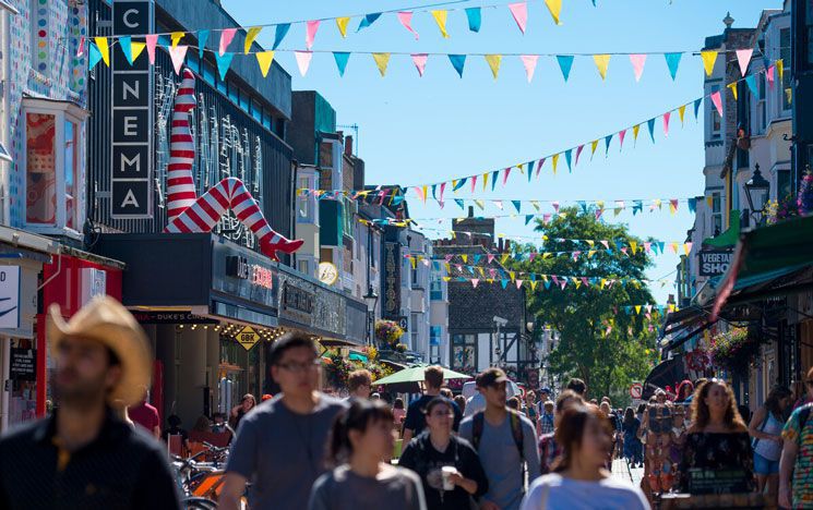 North Laines shopping area in central Brighton, full of colour and people browsing