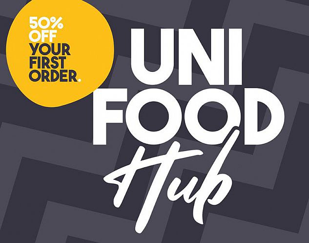 Uni Food Hub logo with the tag line 50% off your first order