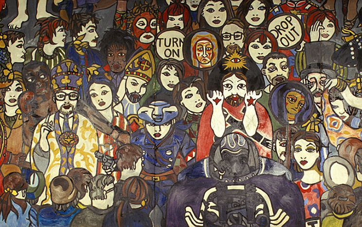 A central section of John Upton Upton’s work, Christ’s Entry into Brighton, featuring famous and infamous faces from the 1960s.