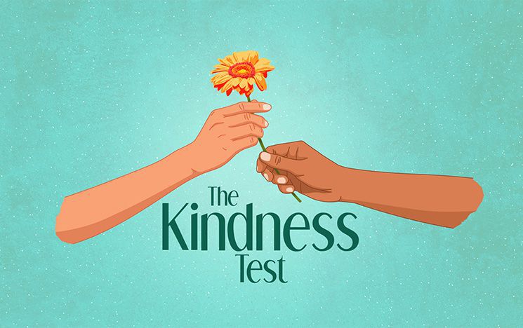 Graphic for 'The Kindness Test', showing one hand giving a flower to another hand.