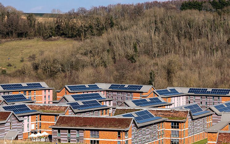 A view of the Northfield accommodation blocks with solar panels on their roofs.