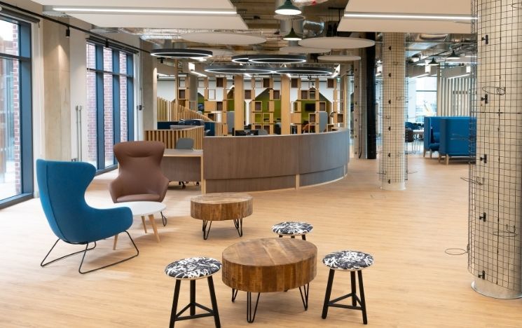 A view of the welcome desk and reception area in the Student Centre