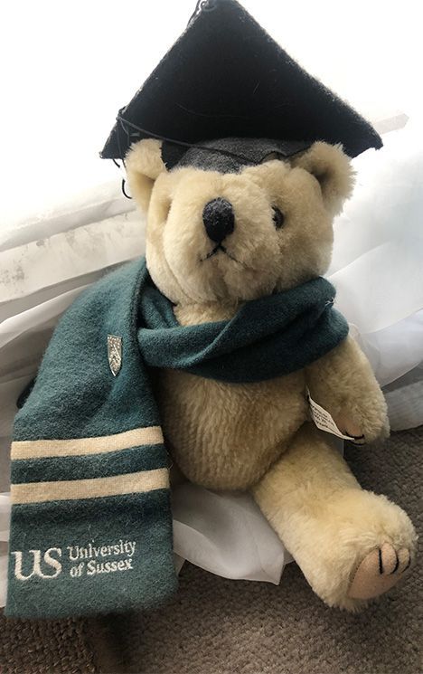 A pale yellow commemorative teddy bear wearing a miniature graduation cap and green University of Sussex scarf.