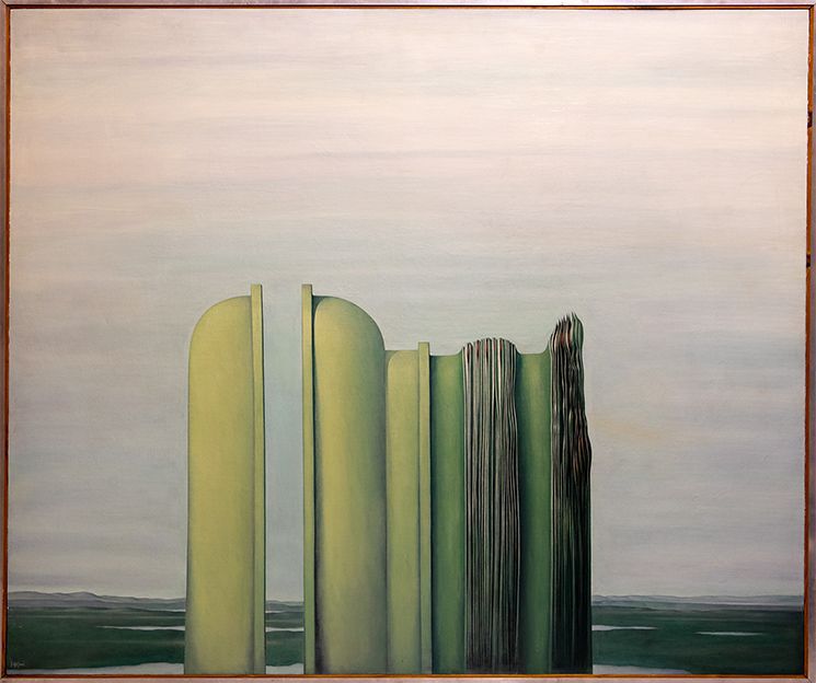 A Bert Kitchen painting, featuring vertical shapes in shades of green against a grey background, presented to Sussex by Granada TV for winning University Challenge in 1969.