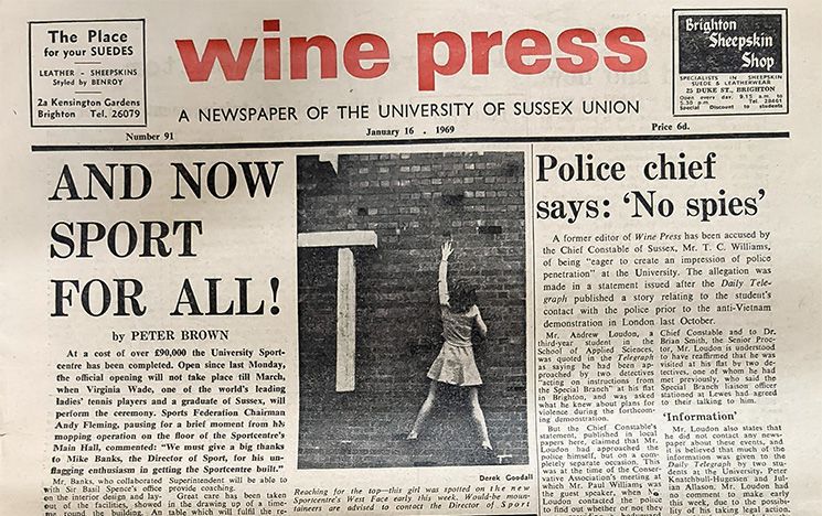 Cover of an old edition of Sussex students' newspaper, The Wine Press, from 16 January 1969, with headlines about new sports facilities and police presence on campus.
