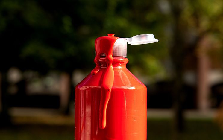 A bottle of red poster paint, with the lid open and some paint running down the side.