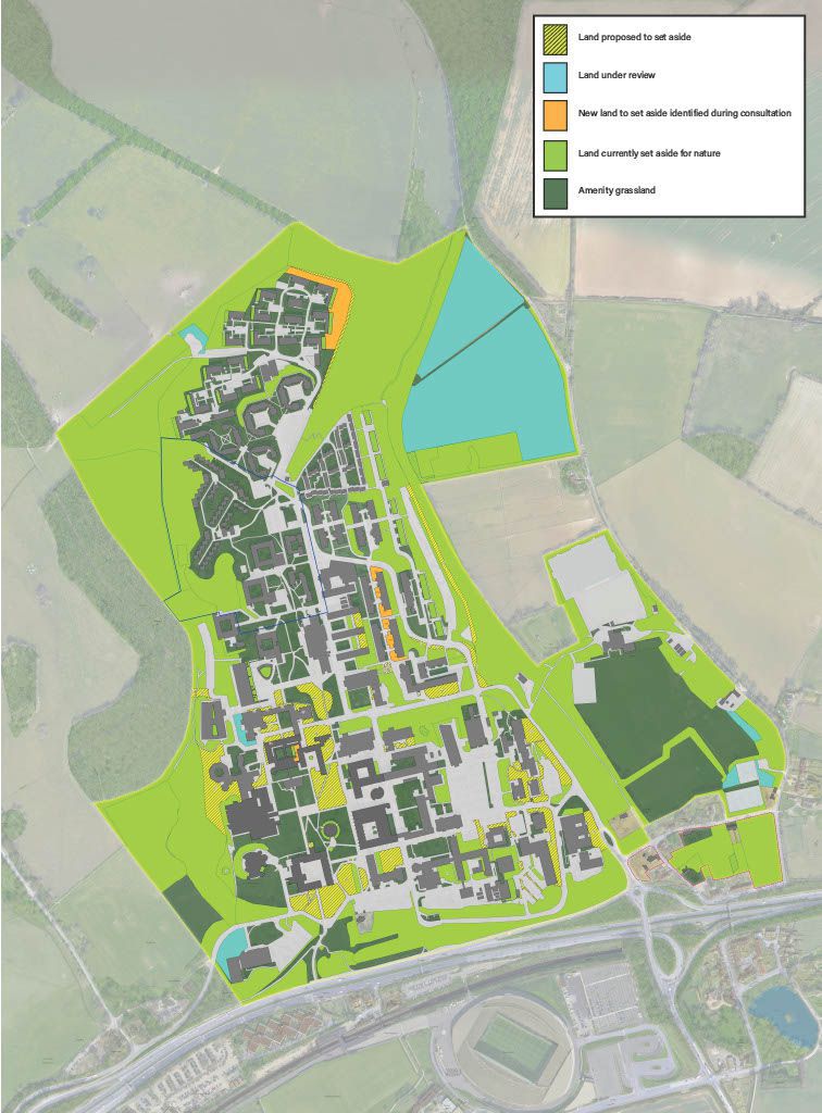 Aerial view of the Sussex campus, with five categories of land use marked out in different colours.