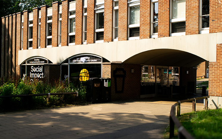 The exterior of Arts Piazza, partly in the shade.