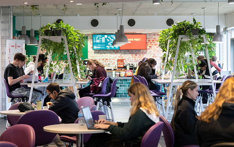 Students eating and working in the Botanical Cafe.