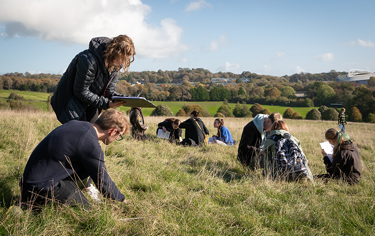 A group of researchers with clipboards examining the South Downs with a view of the Amex in the background.